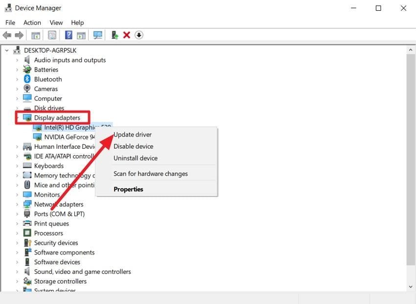 windows 10 device manager display adapters menu with update driver