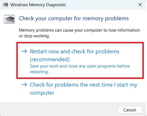 windows memory diagnostic offering restart now and check for problems