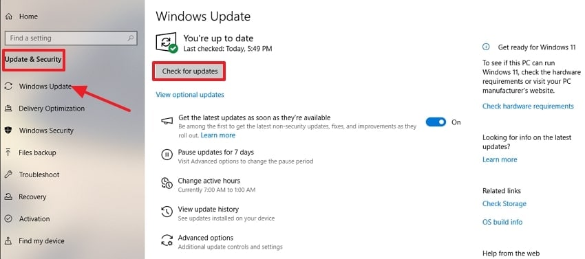 tap on update and security tab