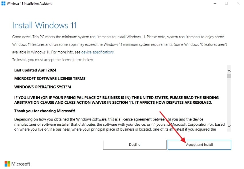 accept and install window 11