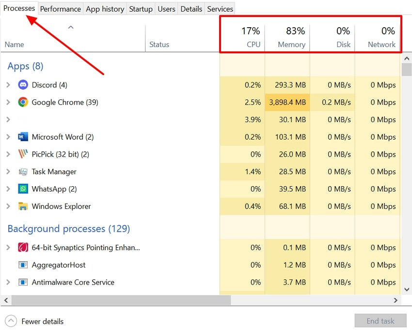 check processes menu task manager
