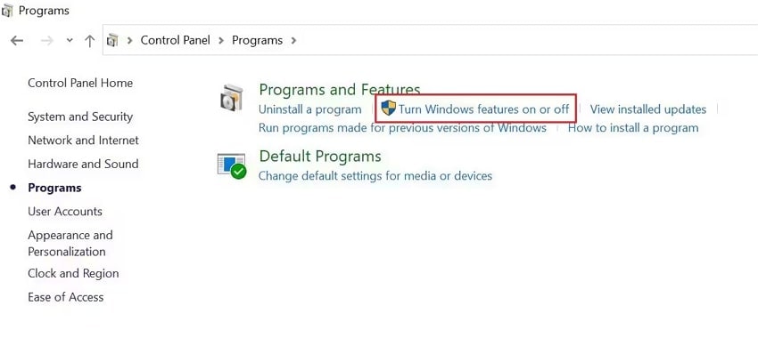 click turn windows feature on or off