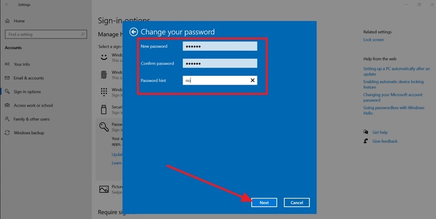 enter new password and press next