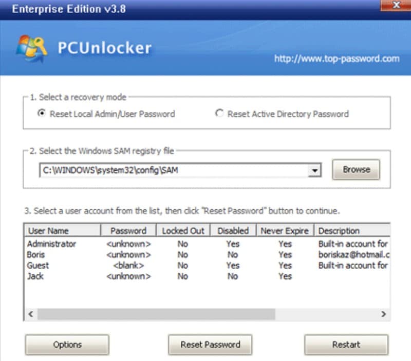 pcunlocker windows password recovery tool