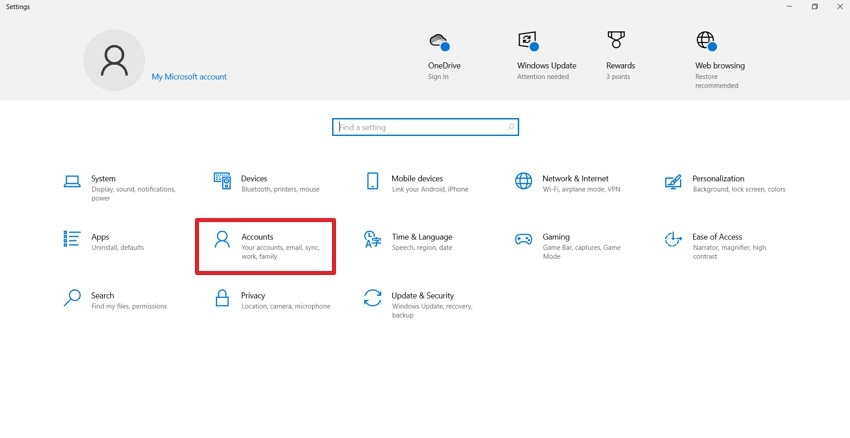 access accounts in settings