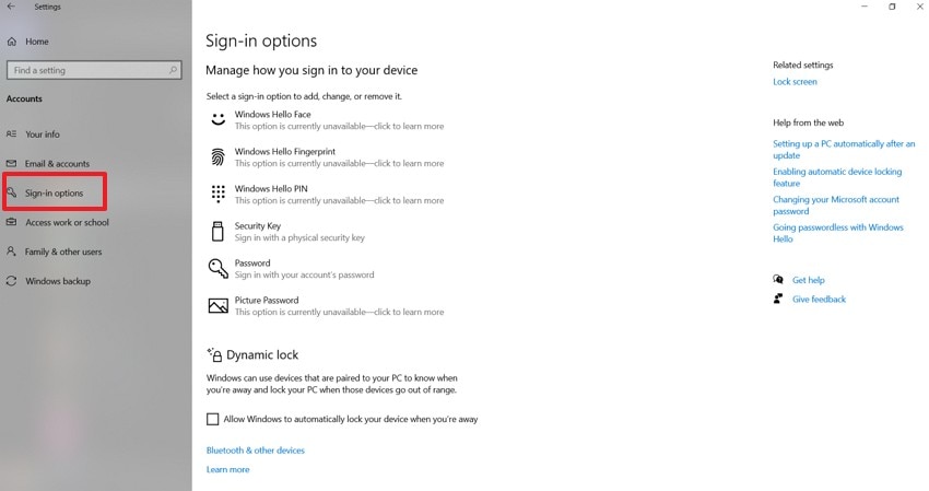 locate the sign in options
