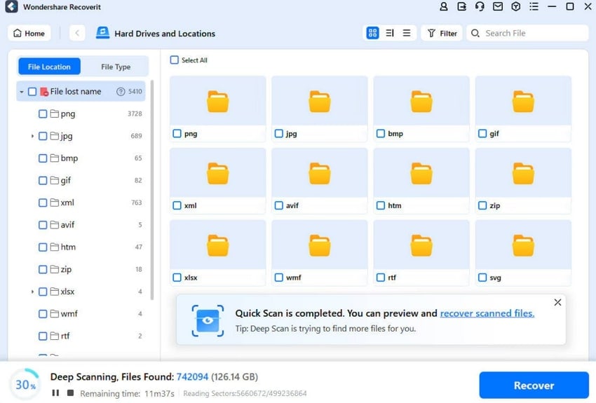 start deep scanning after adjusting filter 