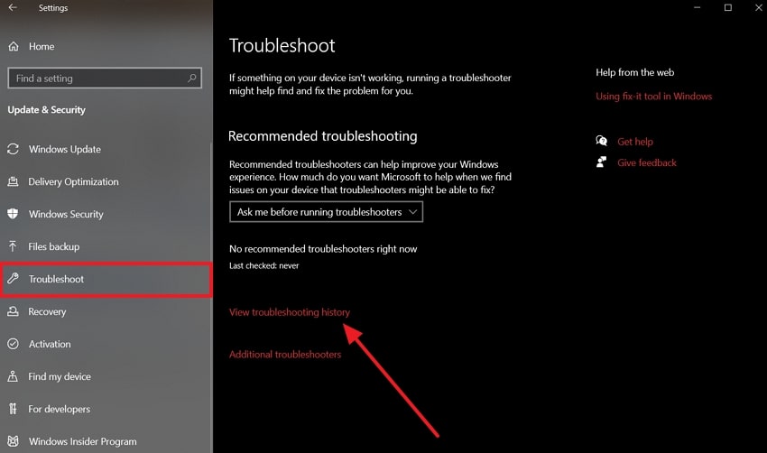 click view troubleshooting history 