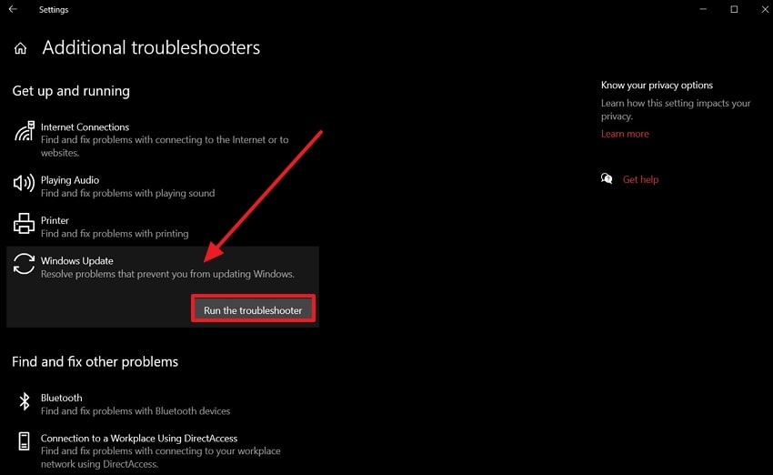 choose run the troubleshooter button 