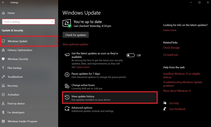 view update history from windows update 