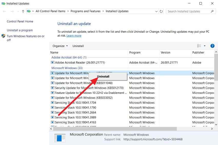 uninstall the update