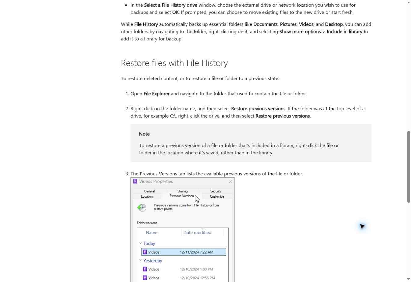 windows file history restore previous versions interface