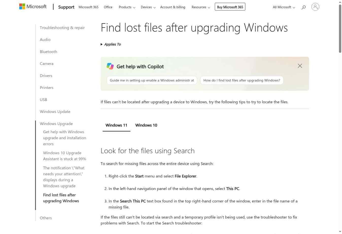 microsoft steps to search this pc for files after a windows upgrade
