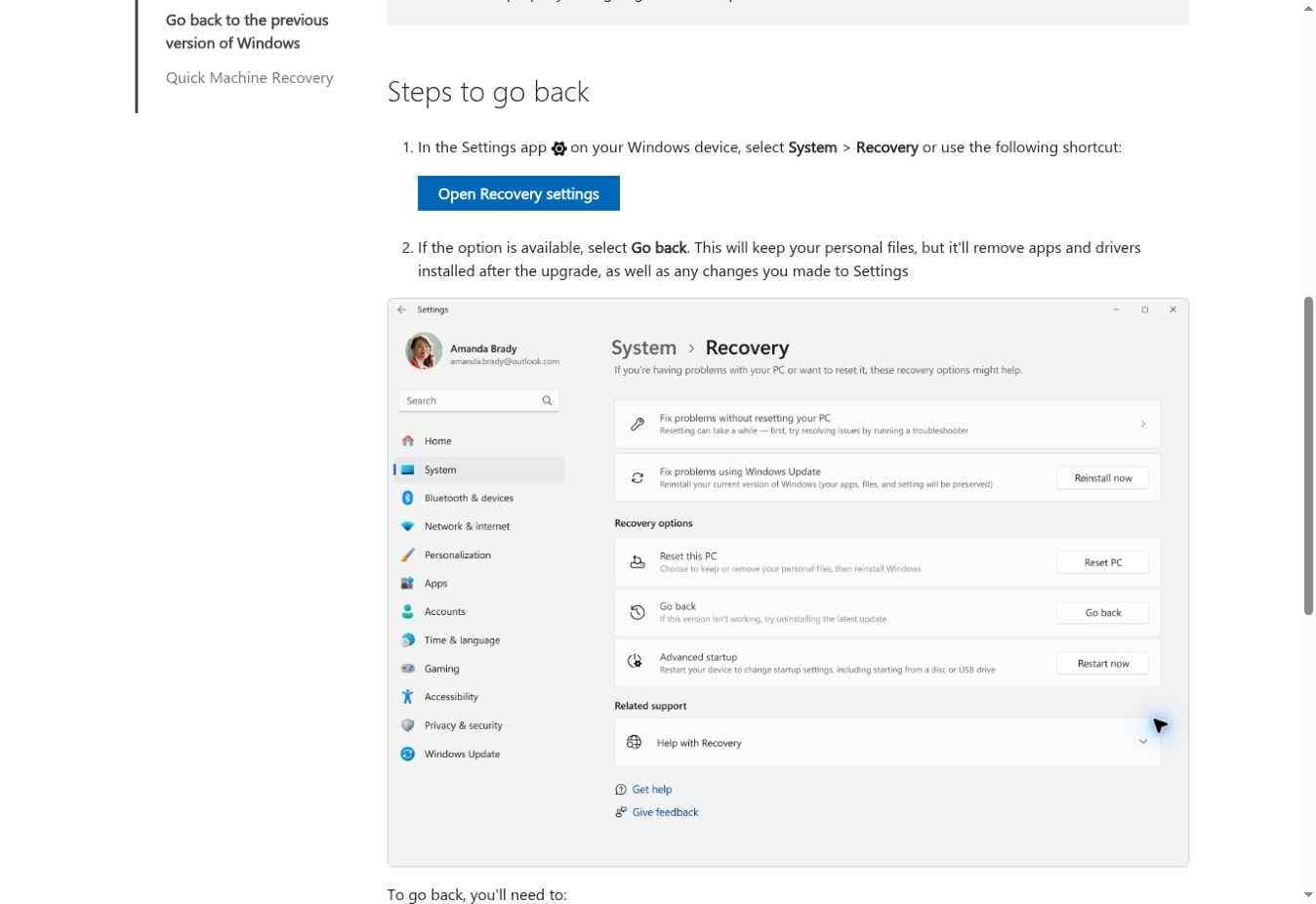 windows 11 system recovery settings with the go back option