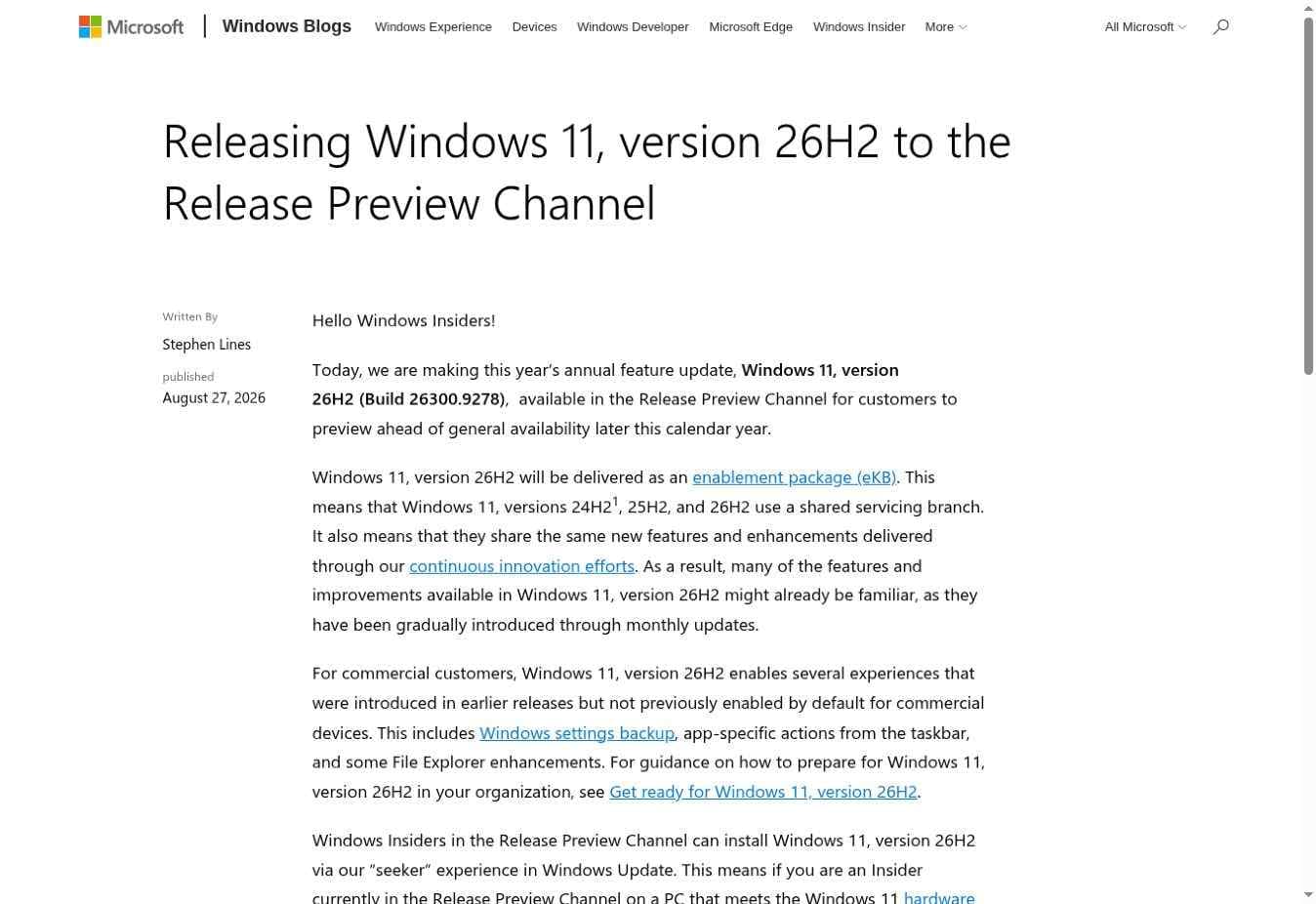 microsoft announces windows 11 26h2 release preview build 26300.9278