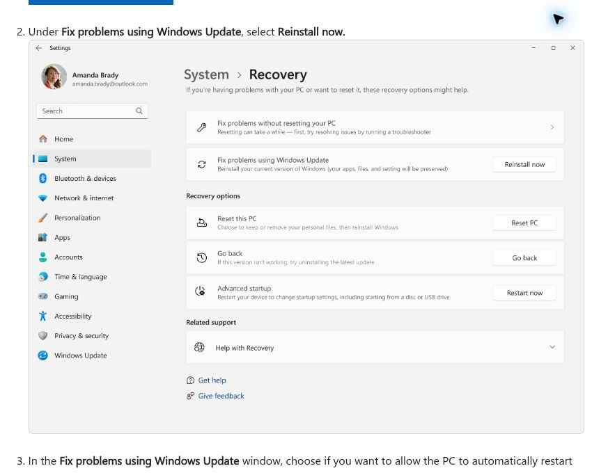 windows 11 recovery settings with fix problems using windows update