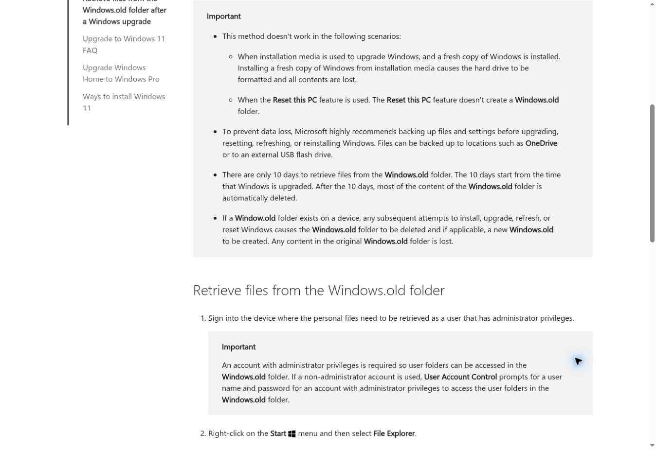 microsoft windows old file recovery steps and ten day limit