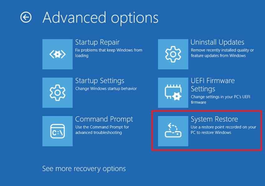 system restore recovery option