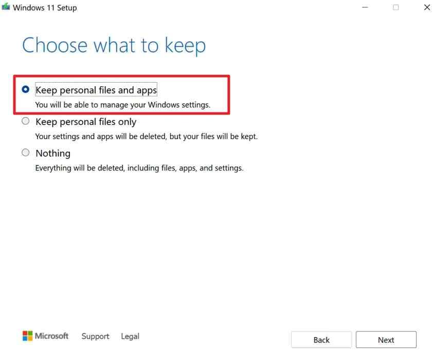 keep personal files and apps during repair reinstall