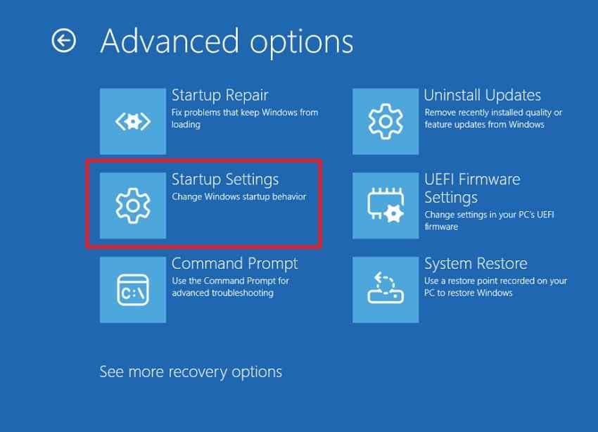 startup settings recovery options