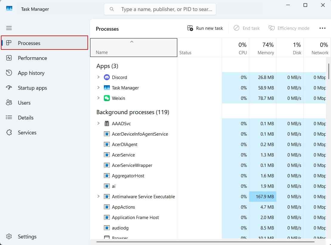 task manager processes resource usage