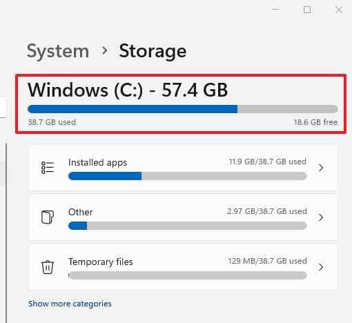 windows system drive storage capacity