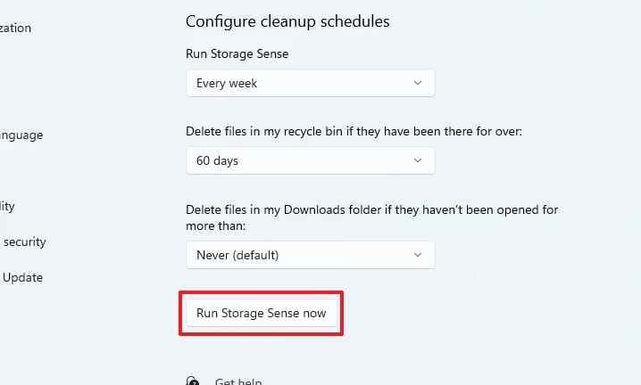 storage sense cleanup button highlighted