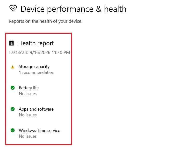 device health report storage warning