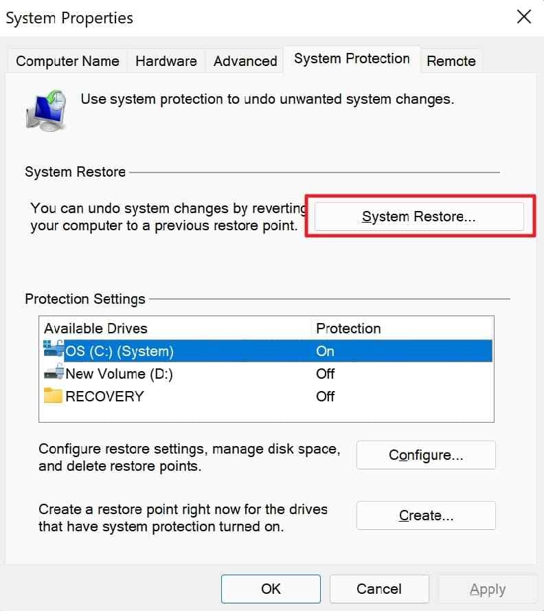 system restore option in system protection
