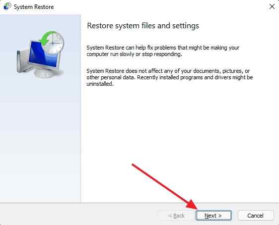 system restore wizard next step