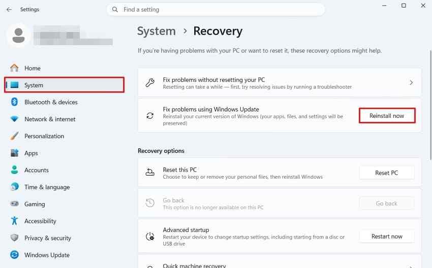 reinstall current windows version option