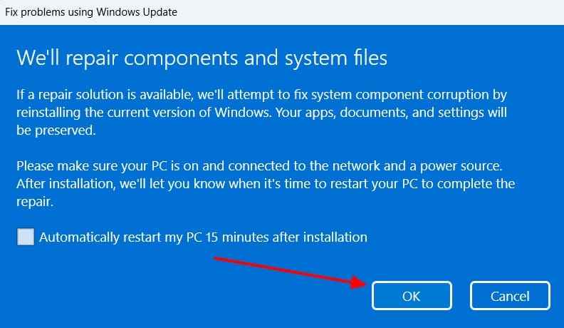 windows repair reinstall confirmation