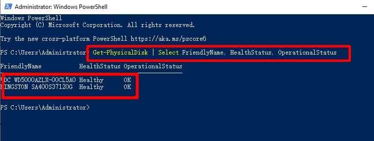 powershell physical disk health status
