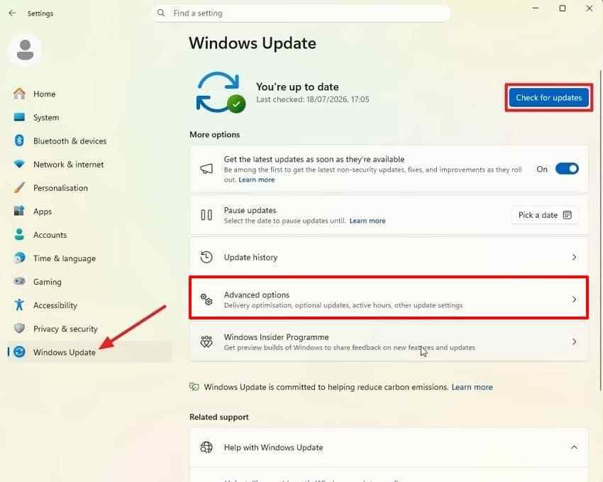 windows update check button highlighted