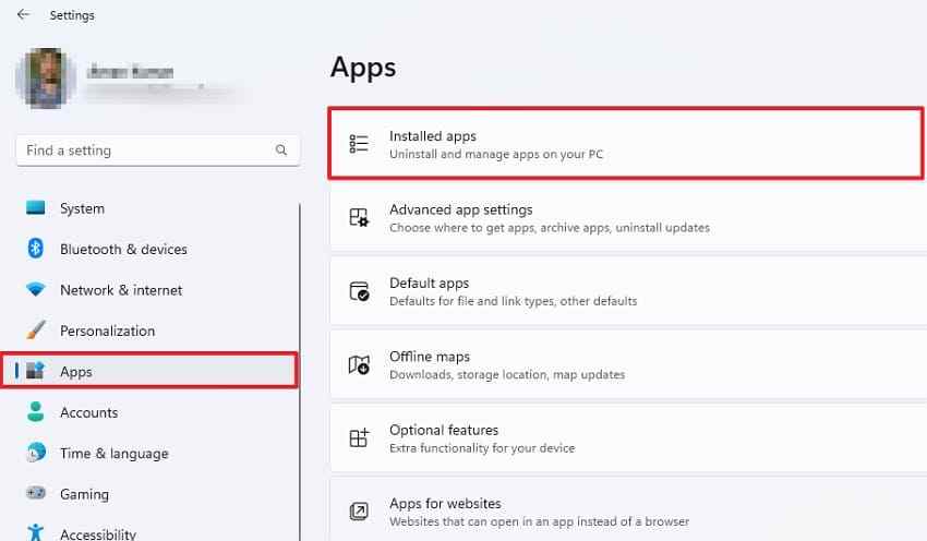 installed apps settings menu opened