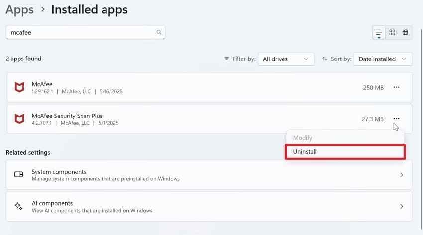 recent application uninstall option shown