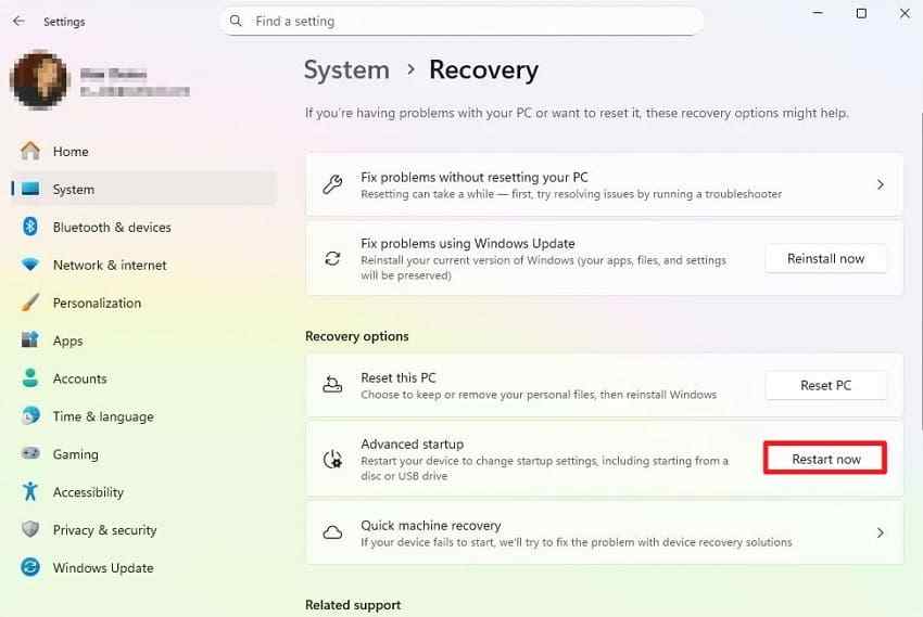 advanced startup restart option highlighted