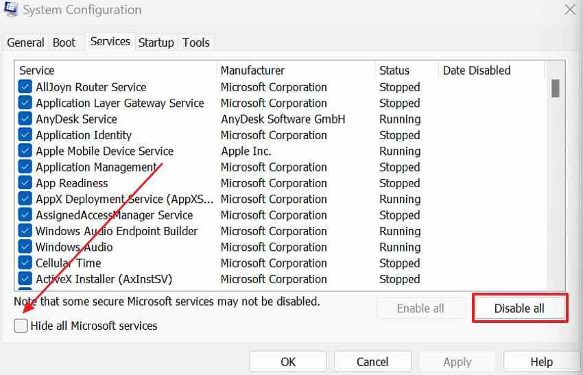disable all services