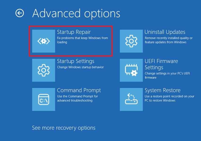 startup repair in advanced options