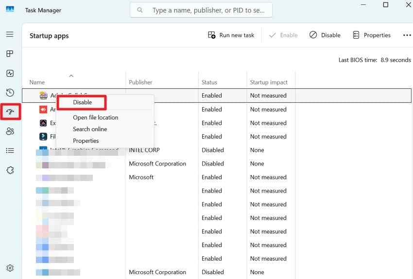 disable recent startup applications