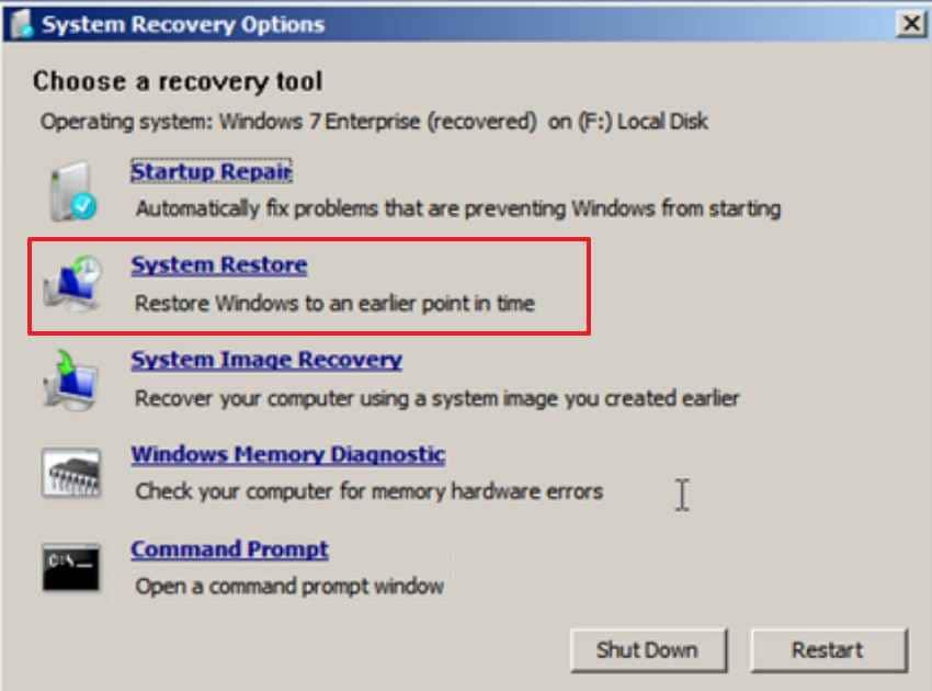 choose system restore option