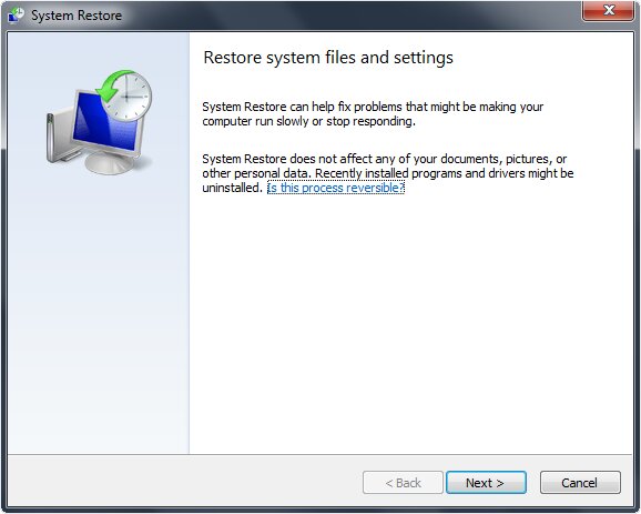 system restores screen in windows 7