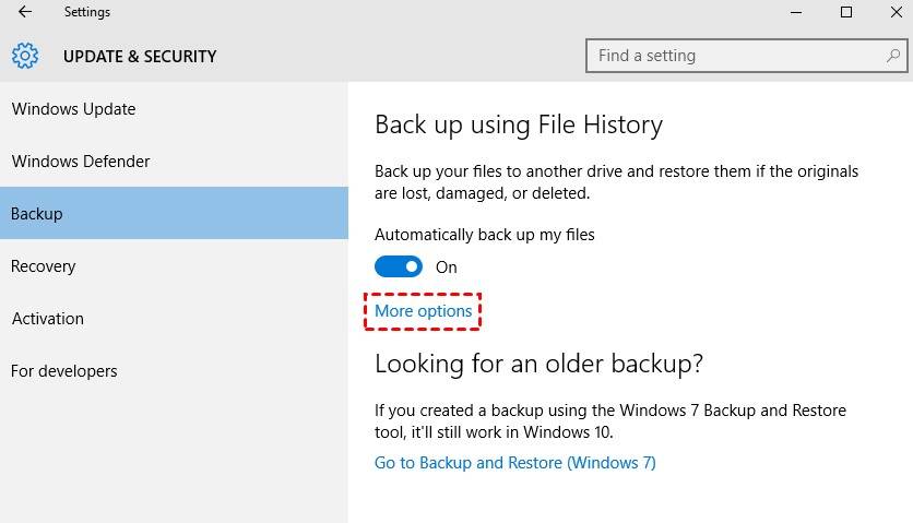 file history options for windows backup to nas