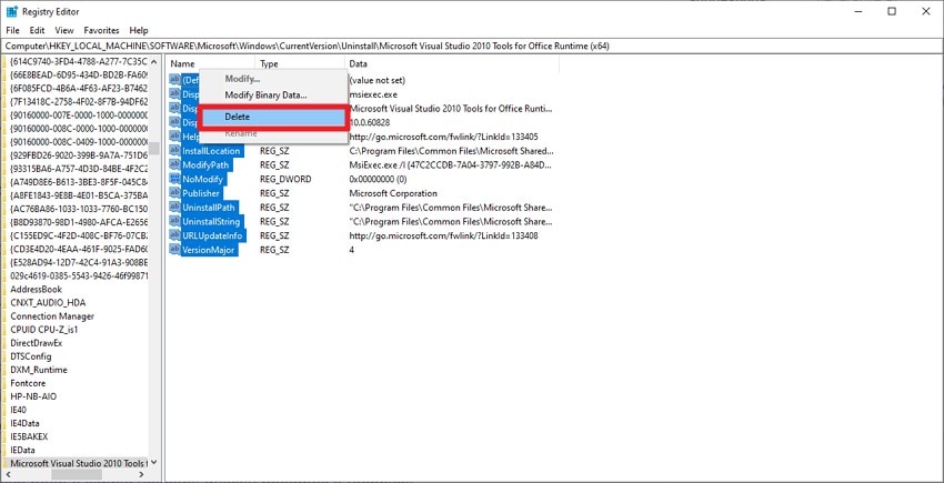 delete program keys from registry