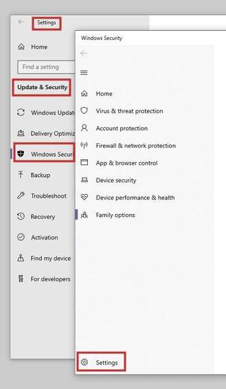 windows security settings on windows 10