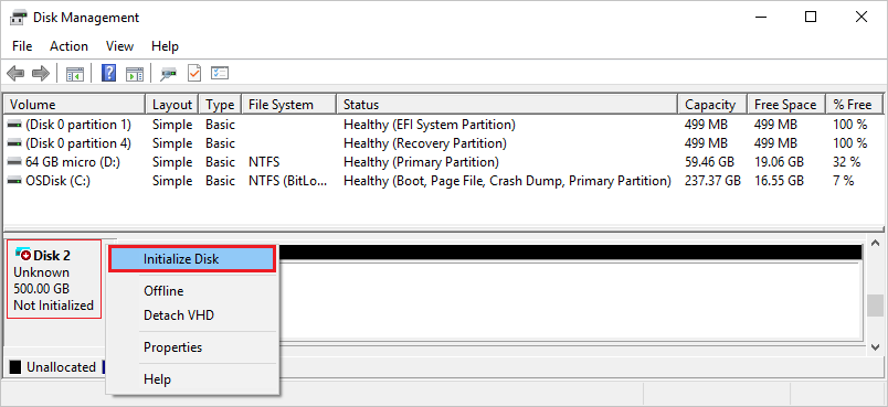 windows disk management showing the initialize disk option