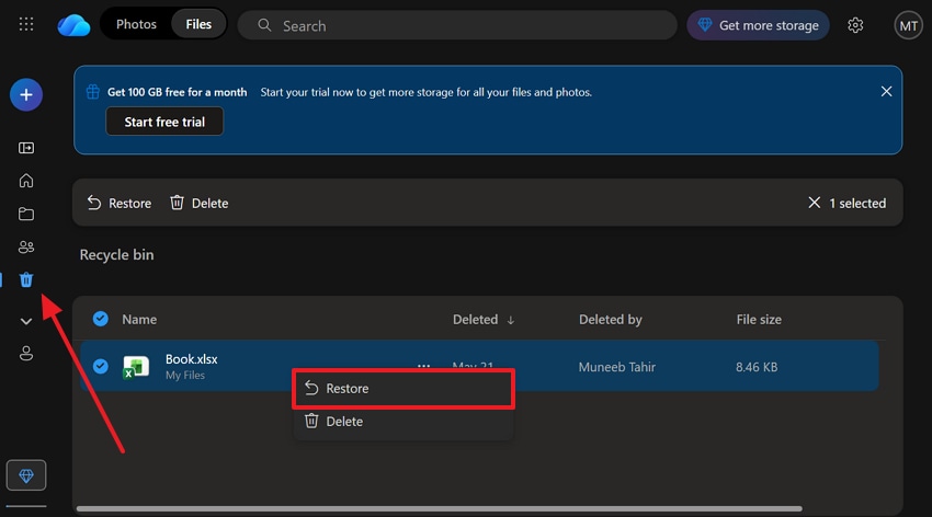 restore file from onedrive