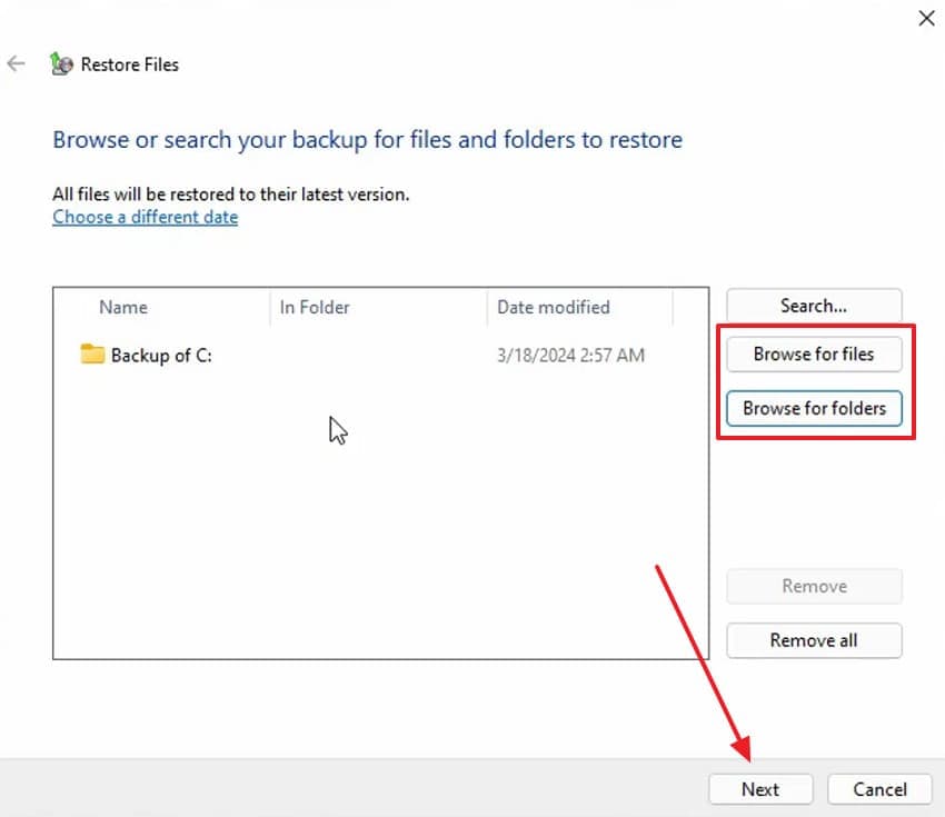 browse files to restore