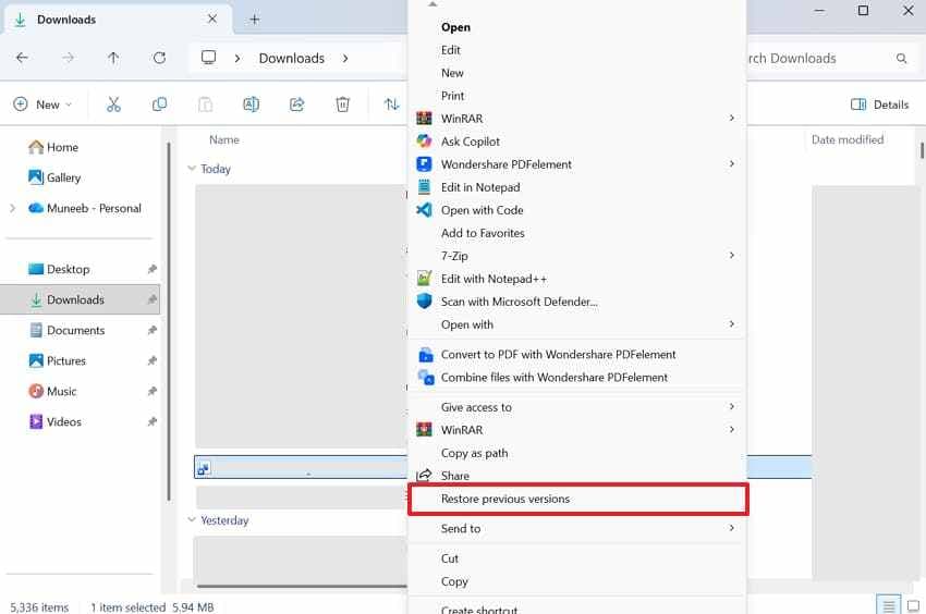 choose restore previous version