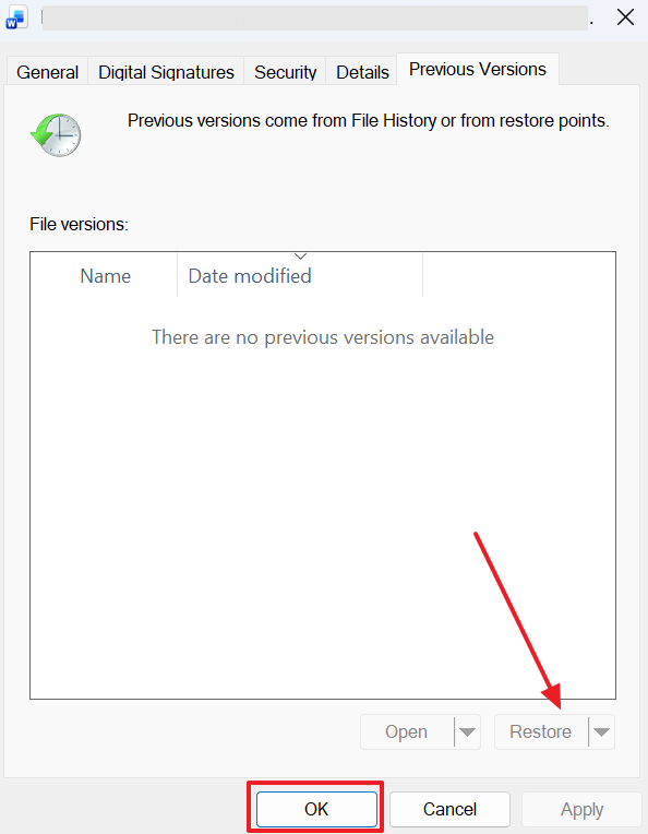 restore file previous version